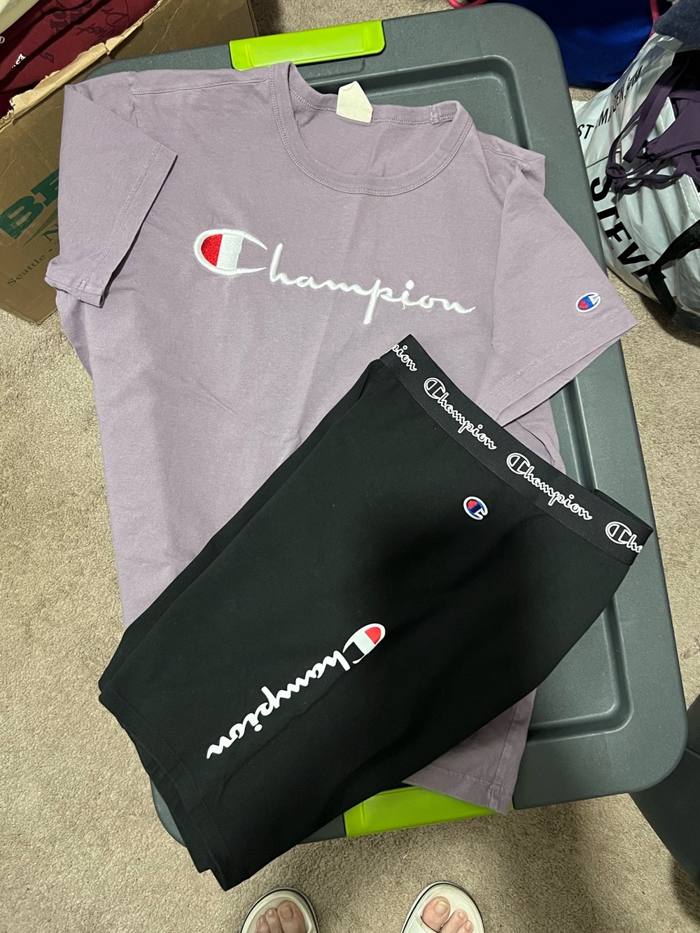 Champion Lavender Plum Colored Logo Tee with Black Champion Bike Shorts